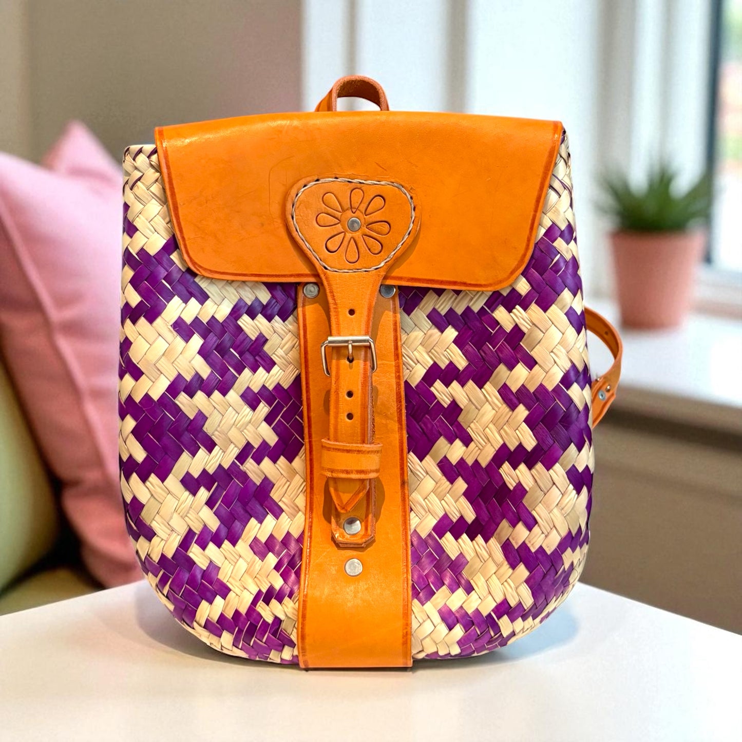 Mochila Xochitl – Sac à dos en palma avec cuir – Pièce unique – Fait main au Mexique