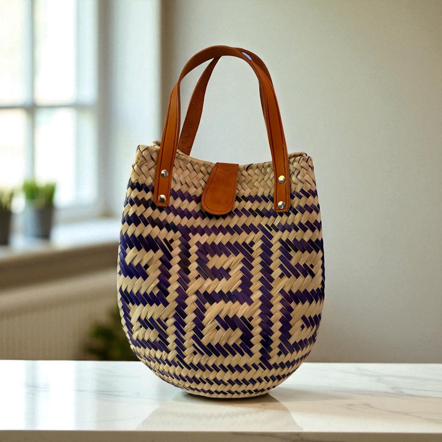 Bolsa Maya – Sac en palma violet avec anses en cuir – Pièce unique – Fait main au Mexique