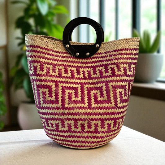 Bolsa Lupita – Sac en palma fuchsia avec anses noires – Pièce unique – Fait main au Mexique
