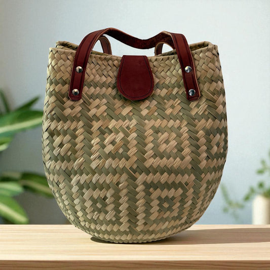 Bolsa Arena – Sac en palma naturel avec anses en cuir brun – Pièce unique – Fait main au Mexique