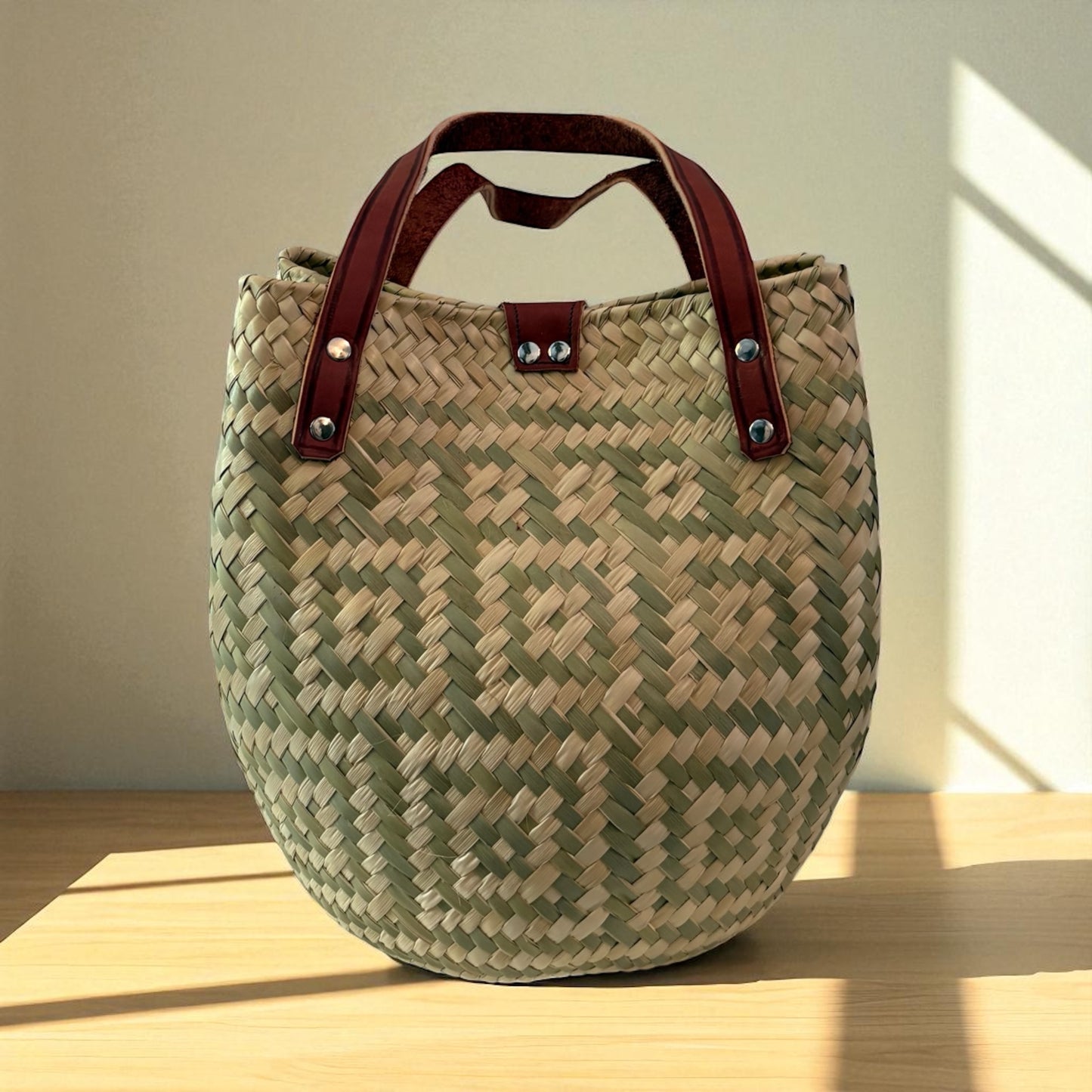Bolsa Arena – Sac en palma naturel avec anses en cuir brun – Pièce unique – Fait main au Mexique