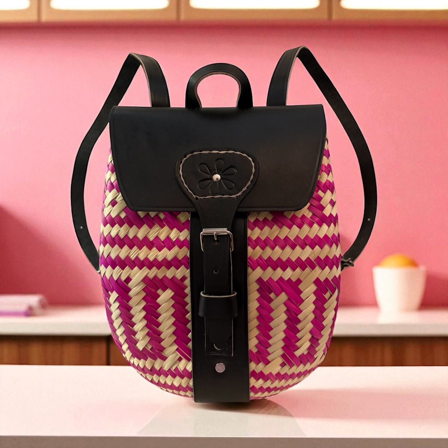 Mochila Xochitl – Sac à dos en palma avec cuir – Pièce unique – Fait main au Mexique