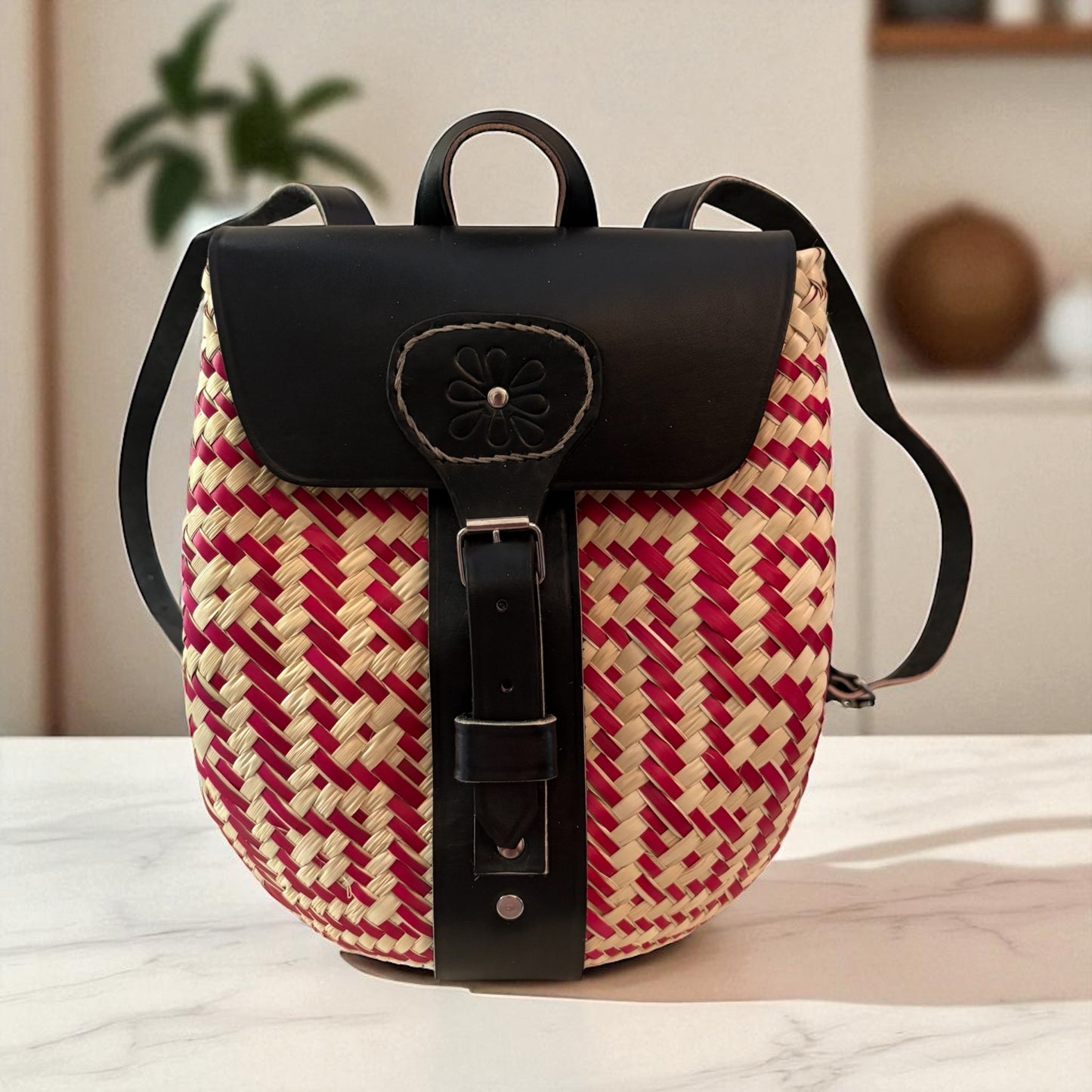 Mochila Xochitl – Sac à dos en palma avec cuir – Pièce unique – Fait main au Mexique
