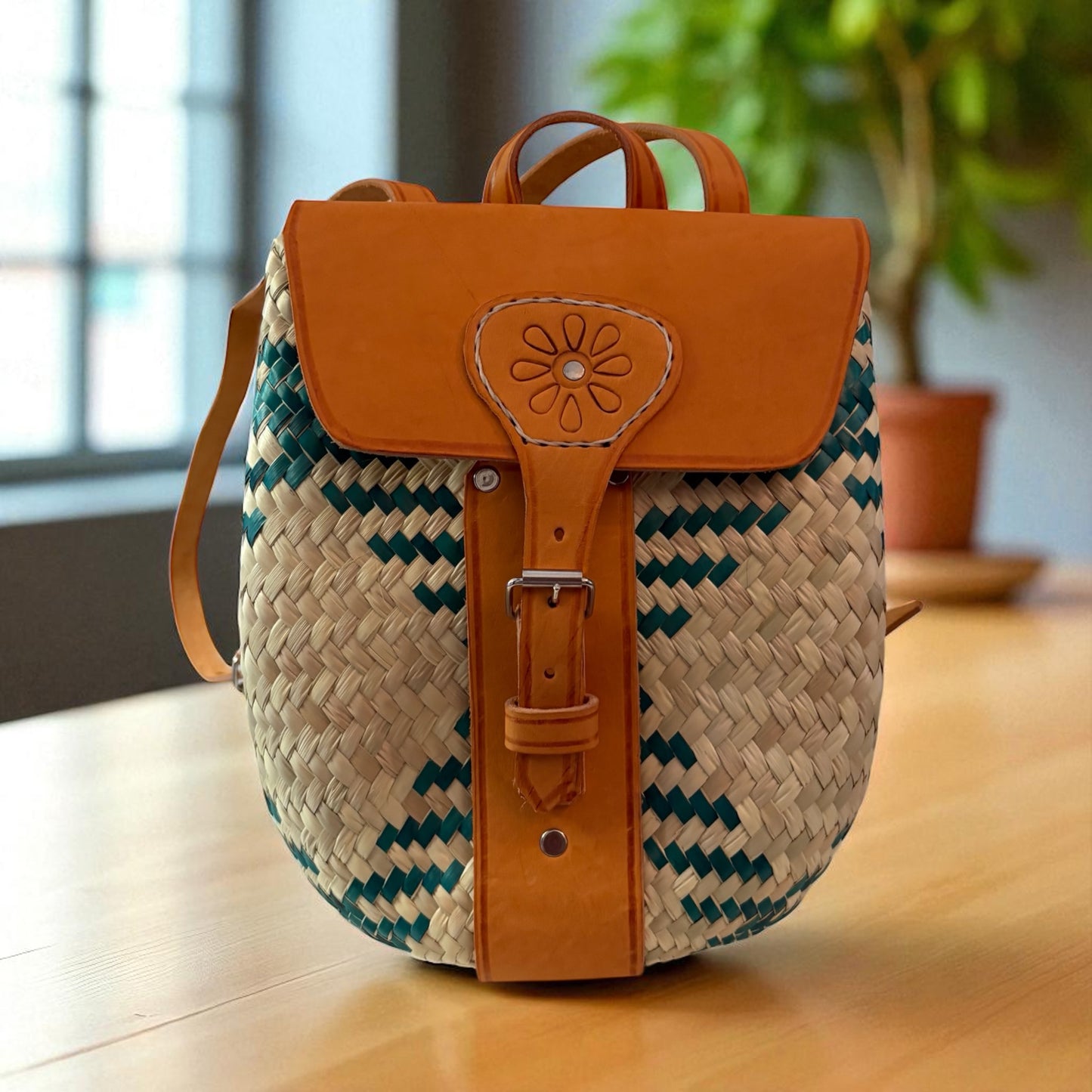 Mochila Xochitl – Sac à dos en palma avec cuir – Pièce unique – Fait main au Mexique