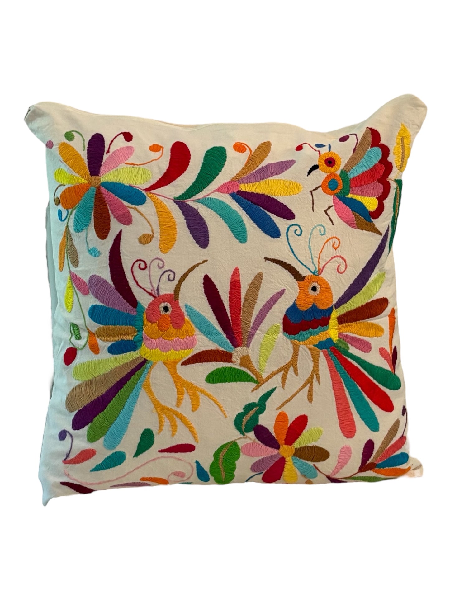 Housse de coussin Tenango brodée main – Oiseaux et fleurs colorées