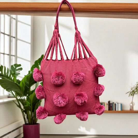 Sac en tela avec pompons – Pièce unique, fait main au Mexique