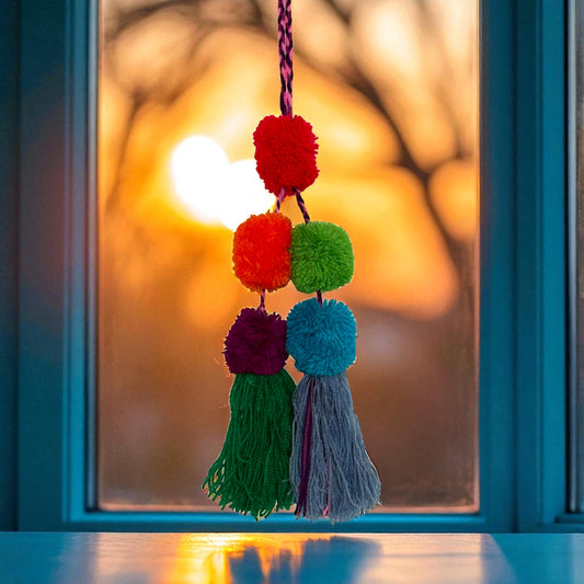 Guirlande de 5 pompons multicolores en laine - Fait main au Mexique